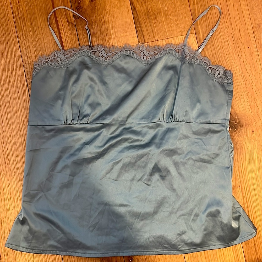 New York and Company turquoise silky tank with lace trim